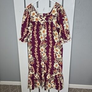 T&L Muumuu Factory Hawaiian Hibiscus Midi Dress Large Purple Orange Resort Aloha